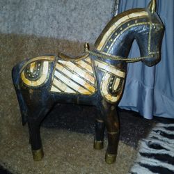 Vintage Wooden Trojan Horse Statue- Brass & Ivory 