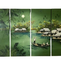 4 Vietnamese lacquer painted wall art panels River Boat Huts