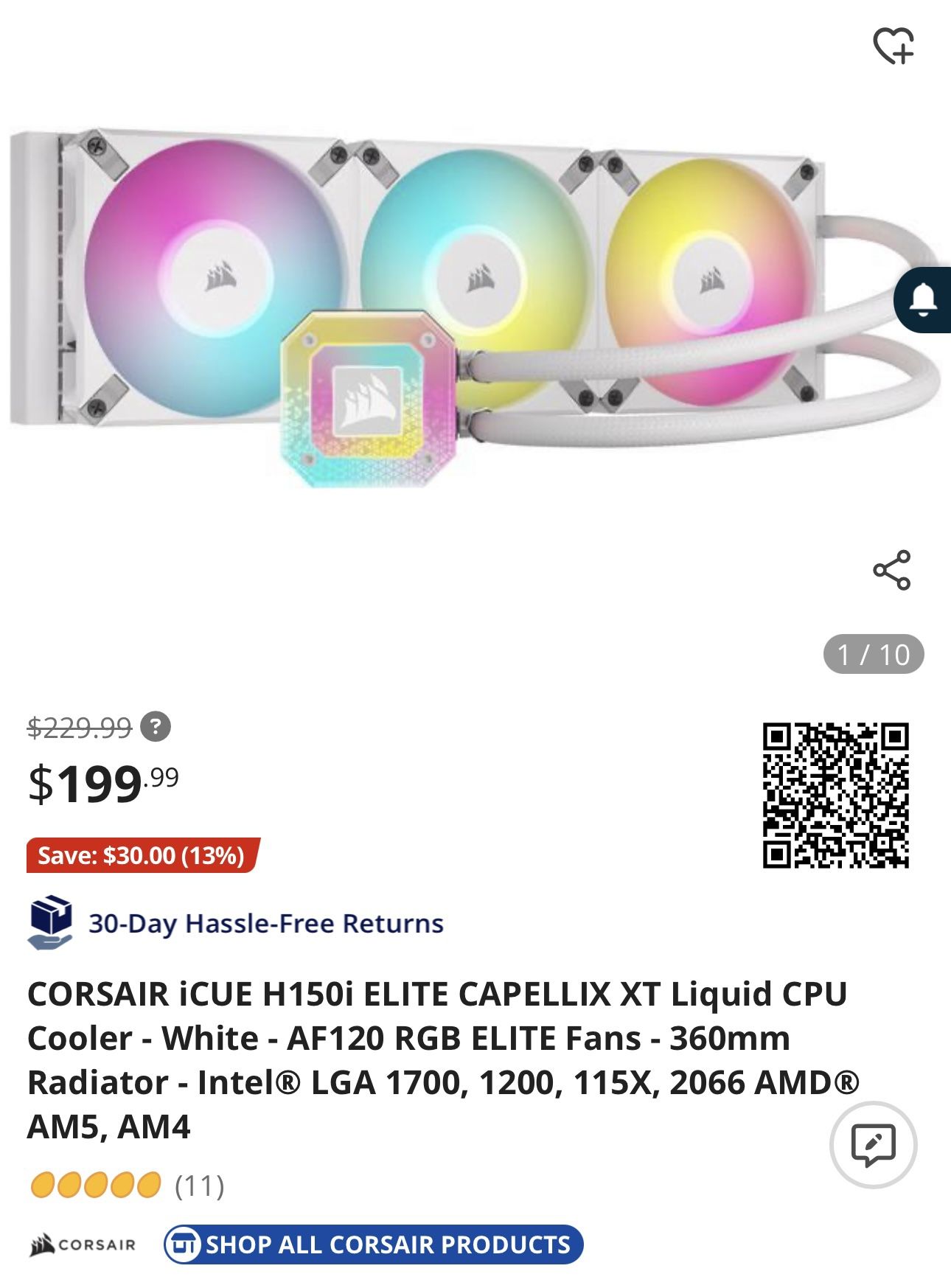 CORSAIR iCUE H150i ELITE CAPELLIX XT Liquid CPU Cooler - White - AF120 RGB ELITE Fans - 360mm Radiator
