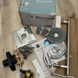 GLACIER BAY SINGLE HANDLE TUB AND SHOWER SET EVERYTHING BRAND NEW ONLY MISSING FACE PLATE CAN FIND ONLINE ALSO COMES WITH EXTRA CHROME ACCESSORIES   $