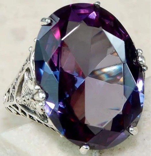 Big Vintage Purple Hollow Silver Art Deco Ring - Size 7