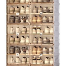 Portable Shoe Rack Organizer for Closet Entryway, Stackable Sneaker Storage Shoe Cabinet with Magnetic Clear Door, Large Plastic Storage containers Bi