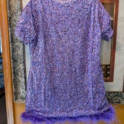 Purple Reign Sequin Feather Trim  Dress (Fits Like XL)