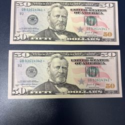 Two Sequential Star Notes $50 Dollars Bills - Series 2021 Lot#3