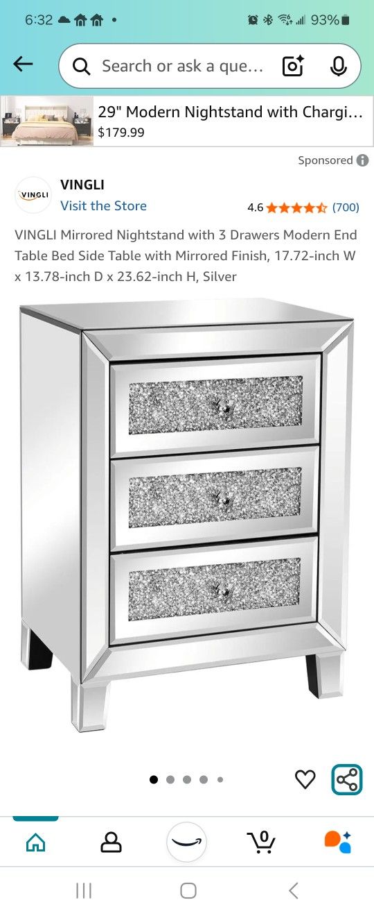 VINGLI Mirrored Nightstand with 3 Drawers