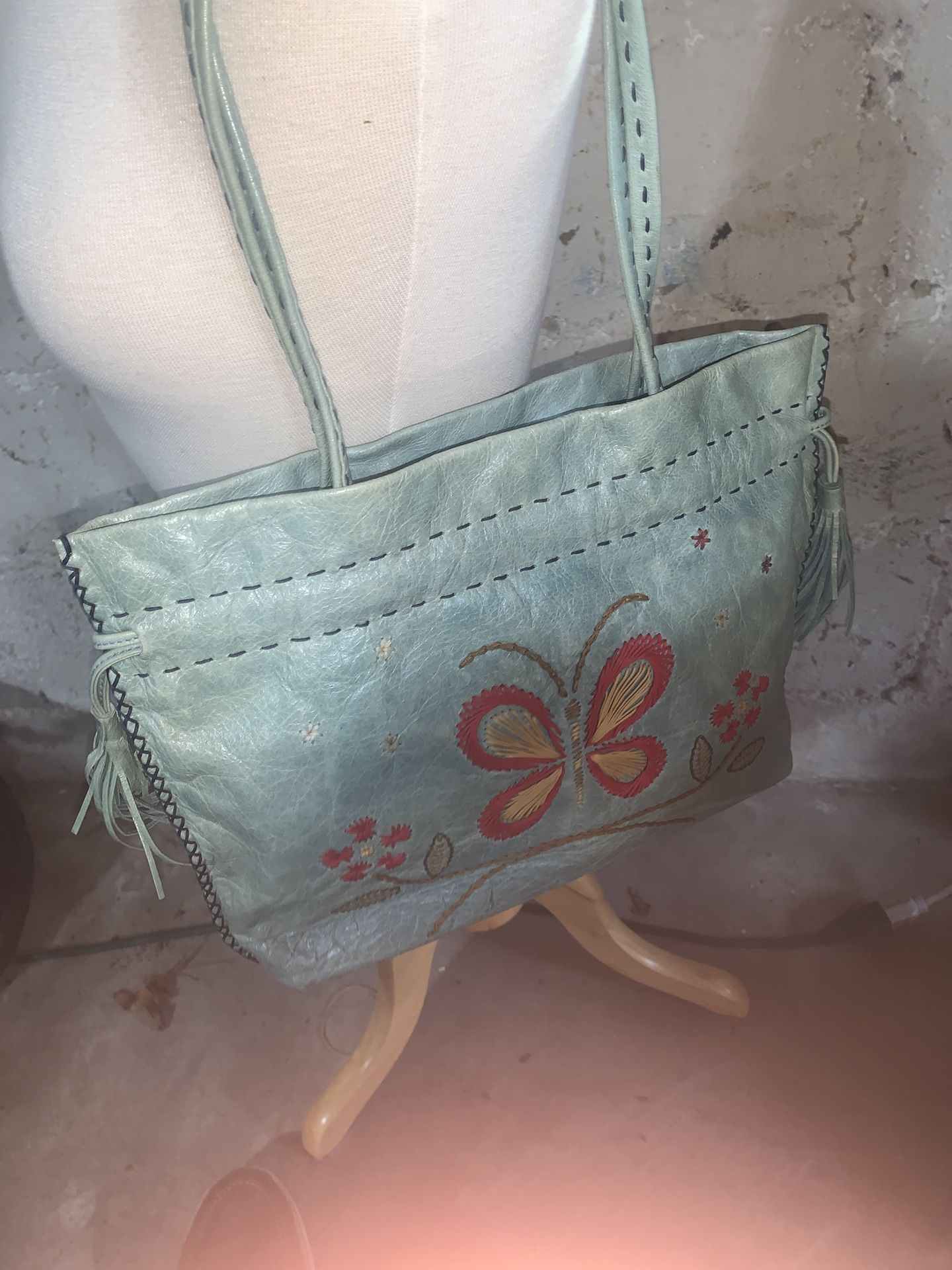 Frances Cobiasi Green Floral Embroidered Shoulder Bag