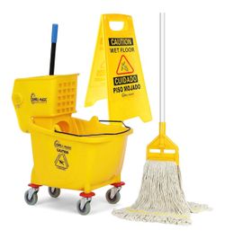 Simpli-Magic Commercial Mop Bucket Wringer Combo Set with Mop & Caution Sign