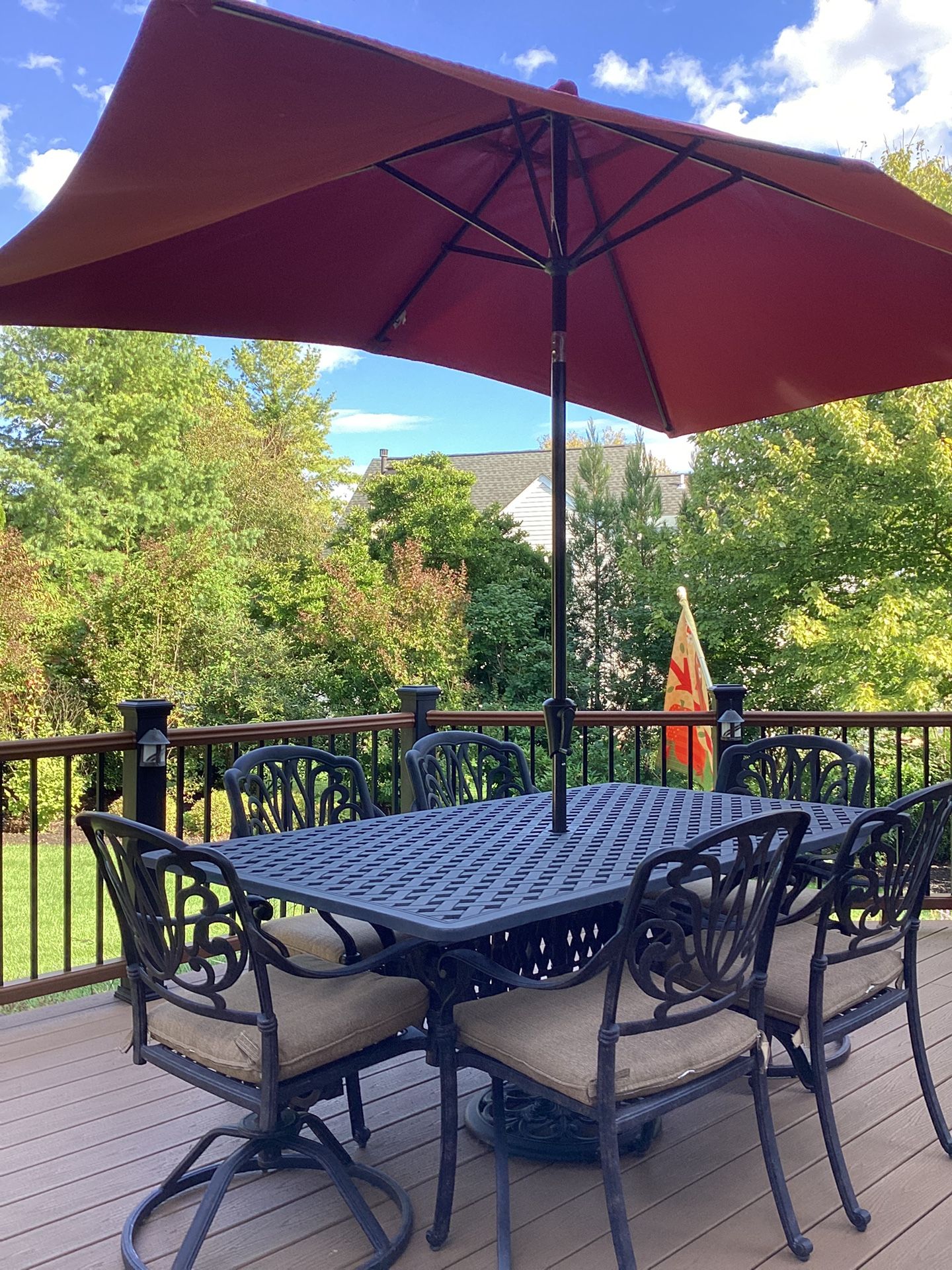 Beautiful Black Cast Aluminum Rectangle Outdoor Dinner Table, 6 Cushioned Chairs, Red Umbrella With Stand