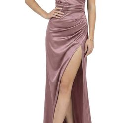 Women’s Satin One-Shoulder Ruched High Slit Elegant Bodycon Maxi Evening Prom Gown Sexy Formal Dress