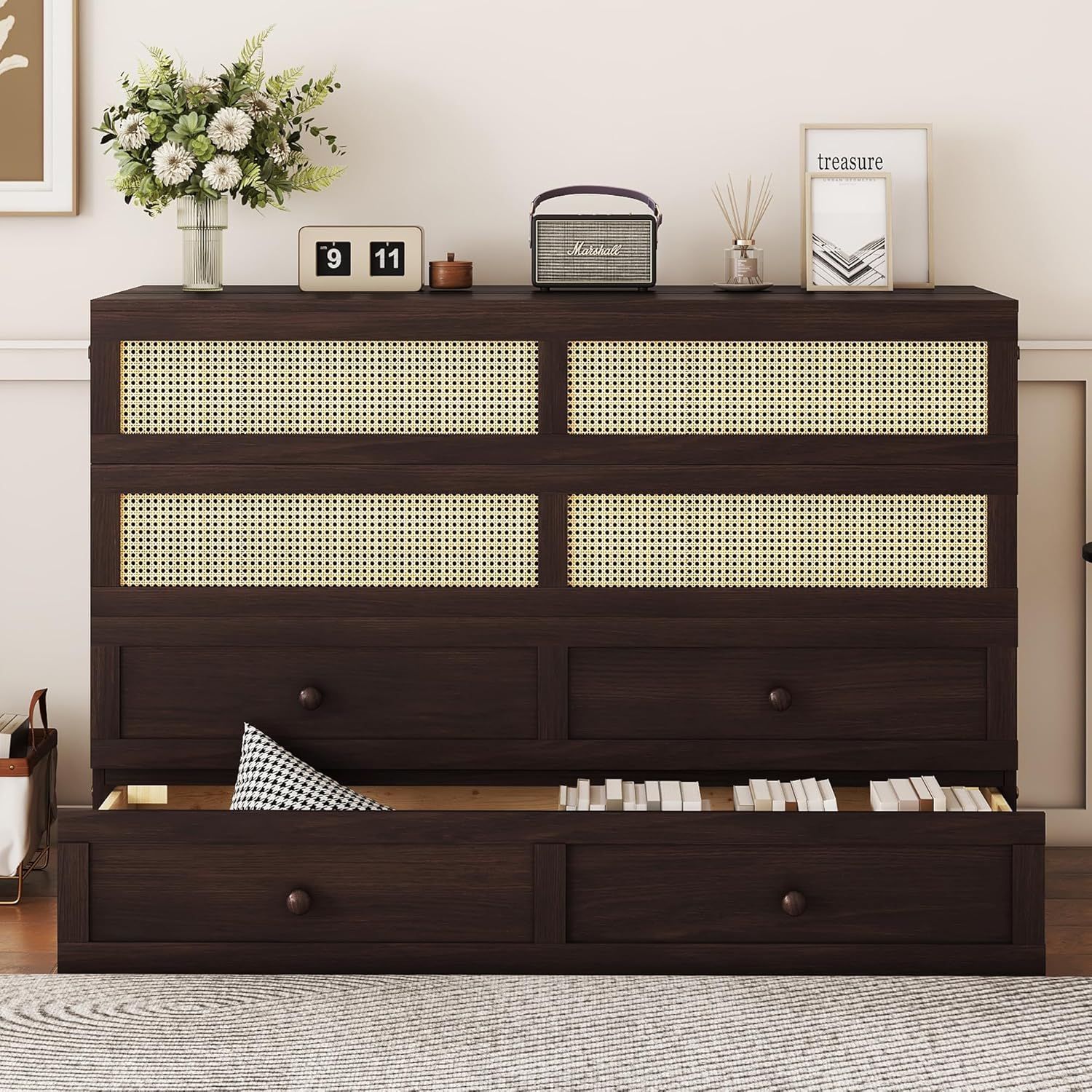 Queen Size Murphy Chest Bed with Rattan Decoration and Storage Drawer, Wood Foldable Cabinet Bed for Small Room (Espresso)