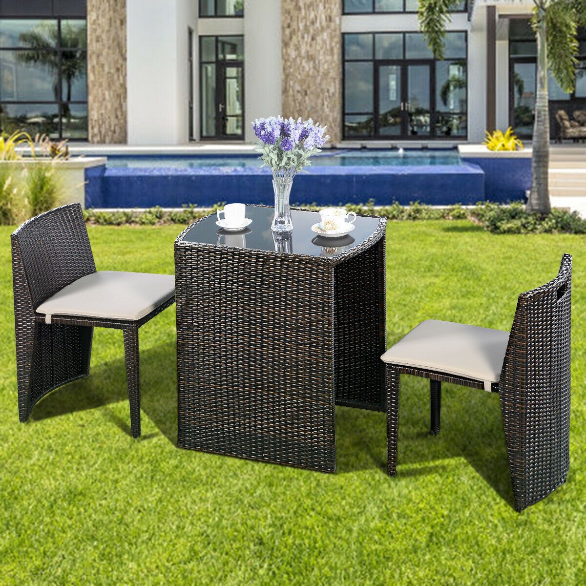 3 Pcs Cushioned Outdoor Wicker Set For Garden Lawn Patio (Brown)