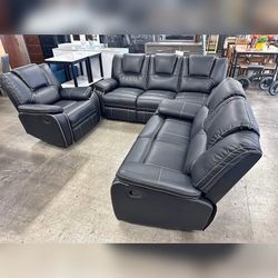 3 Pieces Black Breathable Air Leather Manual Recliner Sofa Set