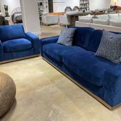 New Sofa with accent chair blue fabric upholstered by Primitive furniture