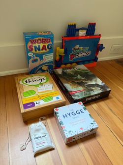 Games (Word Snag, partial D&D starter set, the game of things, Connect 4 Blast, Hygge game, and Foodie Dice)