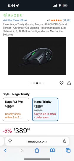 Razer Naga Trinity Gaming Mouse: 16,000 DPI Optical Sensor - Chroma RGB Lighting - Interchangeable Side Plate w/ 2, 7, 12 Button Configurations - Mech