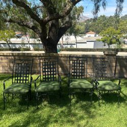 Set of 4 Vintage Wrought-Iron Patio Chairs with Green Cushions