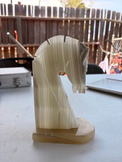 Vintage Hand Carved Banded Onyx Horse Head Sculpture Bookend