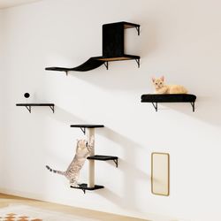 5-Piece Wall-Mounted Cat Shelves Set with Cat House, Bridge & Sisal Post – Black, New in Box