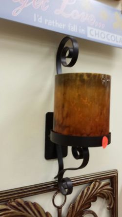 Nice black painted metal wall mount candle holder with Amber speckled glass