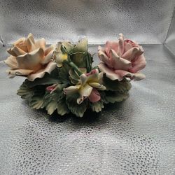 Vintage Capodimonte Two Pink Roses Candle Holder Porcelain Made In Italy