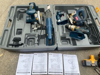 Ryobi multiple tools, batteries (2) with charger with hard carry/storage case