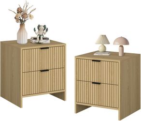 Modern Nightstand with 2 Drawers, Set of 2 Fluted Sofa Side End Table, Wood Bedside Table Night