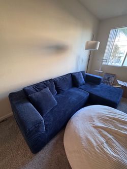 Blue Corduroy Sectional Sofa l shape spineless