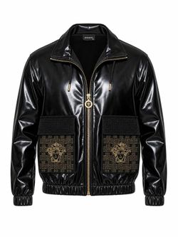 NWT Shiny Black Patent Faux Leather Jacket Gold Rhinestone Medusa Size L / 40