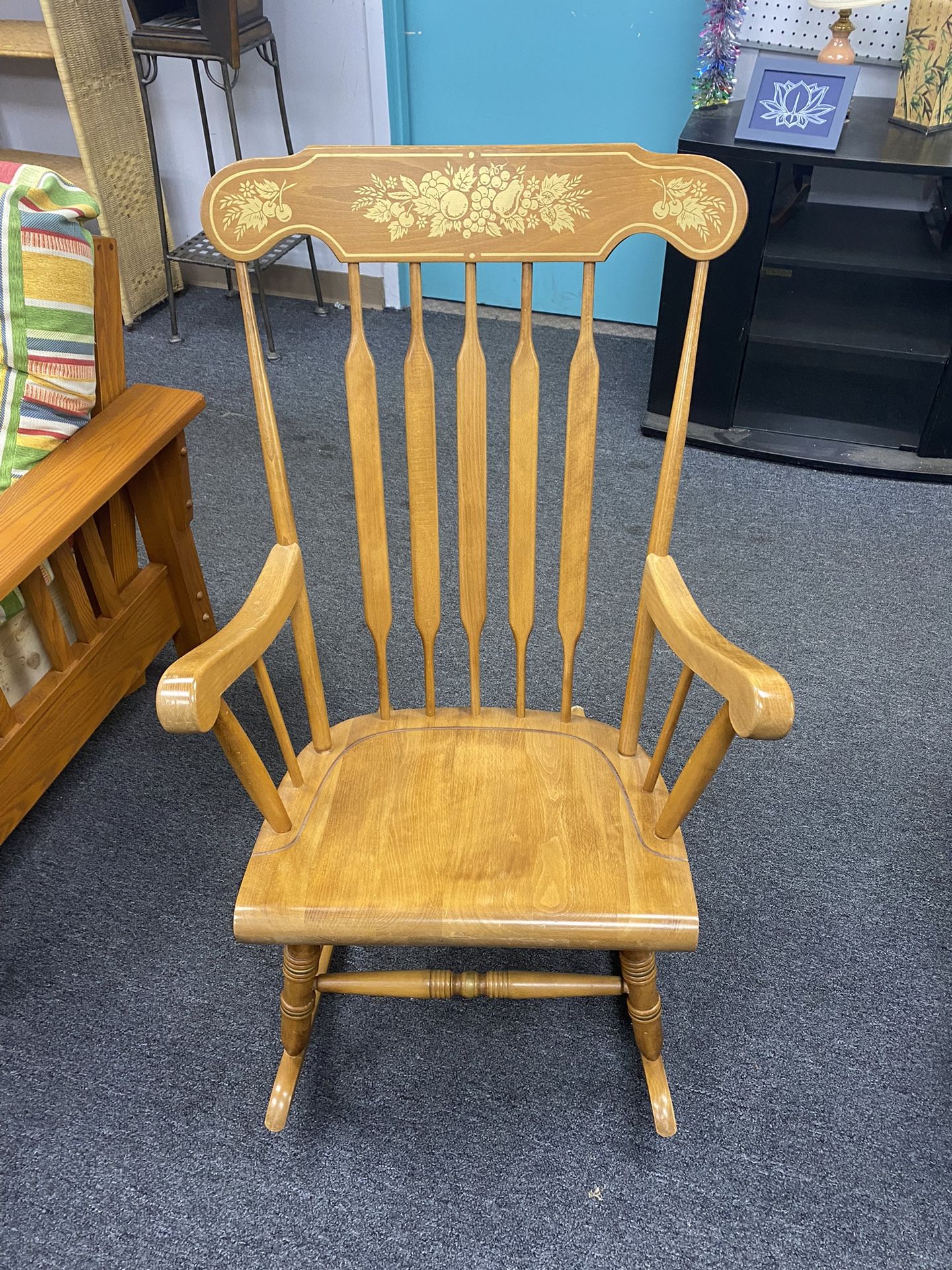 Light Brown Wood Fruit Banner Rocking Chair $35