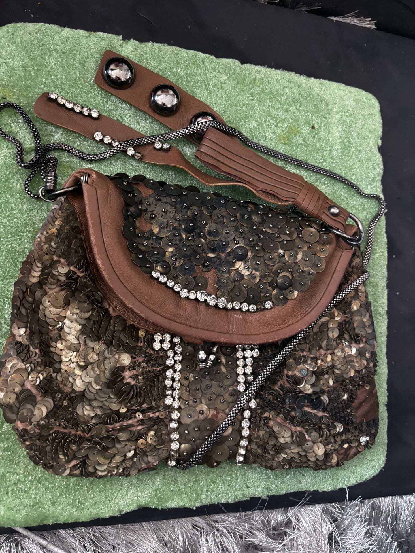 Hoss Intropia handbag beaded dress wristlet purse metal sequined cross body y2k