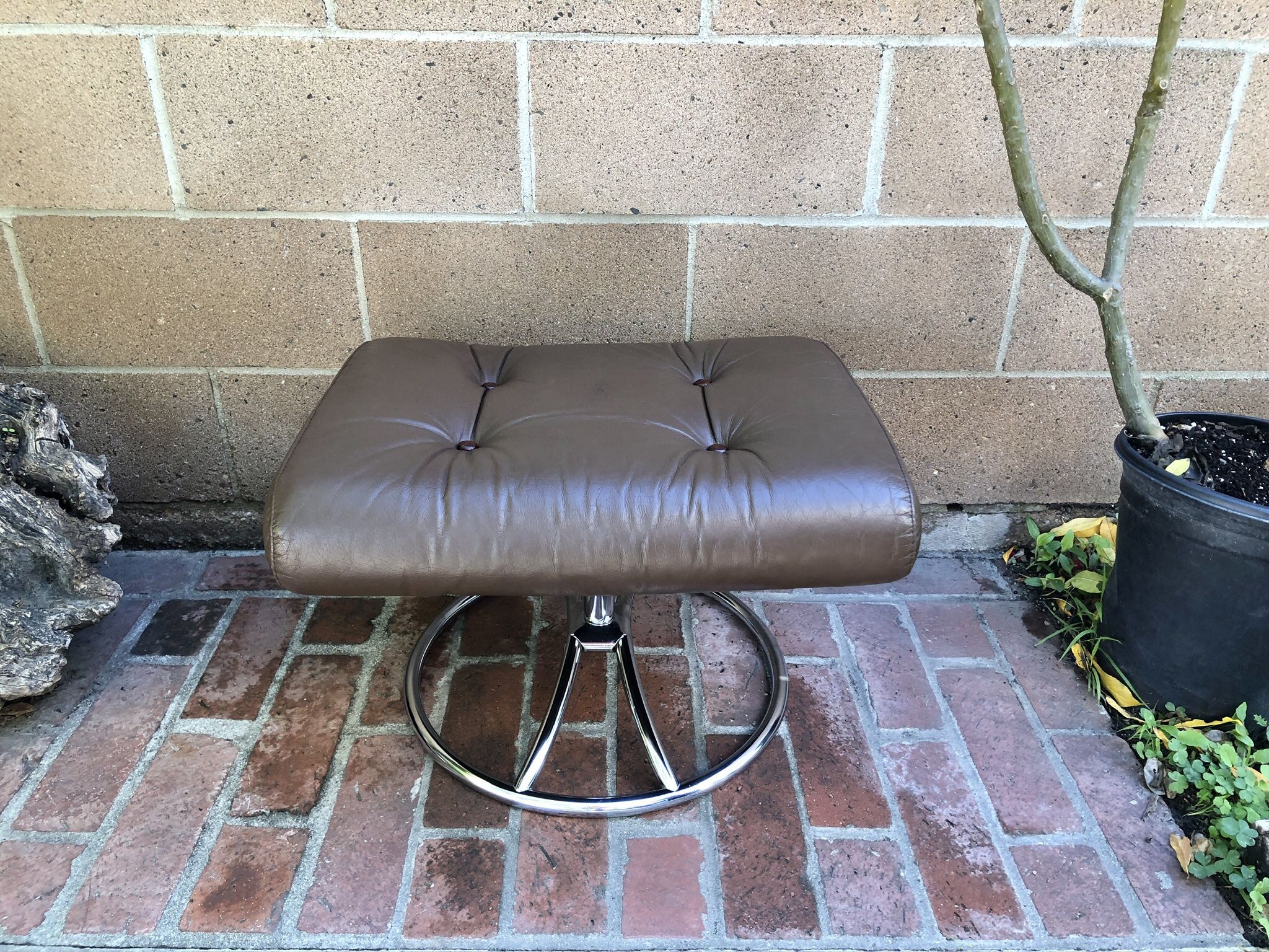 Vintage MCM Brown Leather Chrome Ottoman