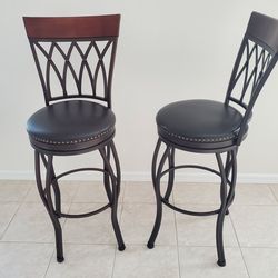Set of 2 Swivel Bar Stools — Metal Frame with Wood Top Rail & Faux Leather Seats