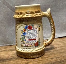 1985 Ceramic 1L Beer Stein Mug Floral Painted Embossed Beige Multicolor German