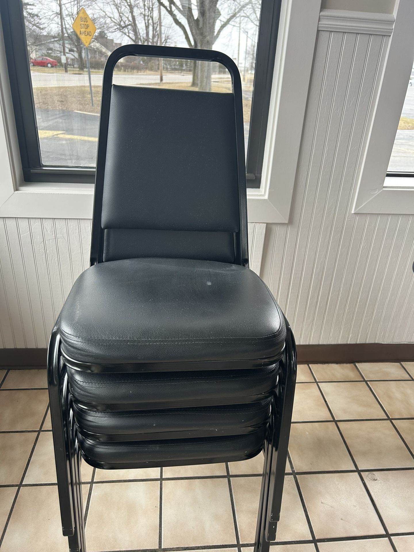 4 Modesto Brand Black Vinyl Stack Metal Chairs