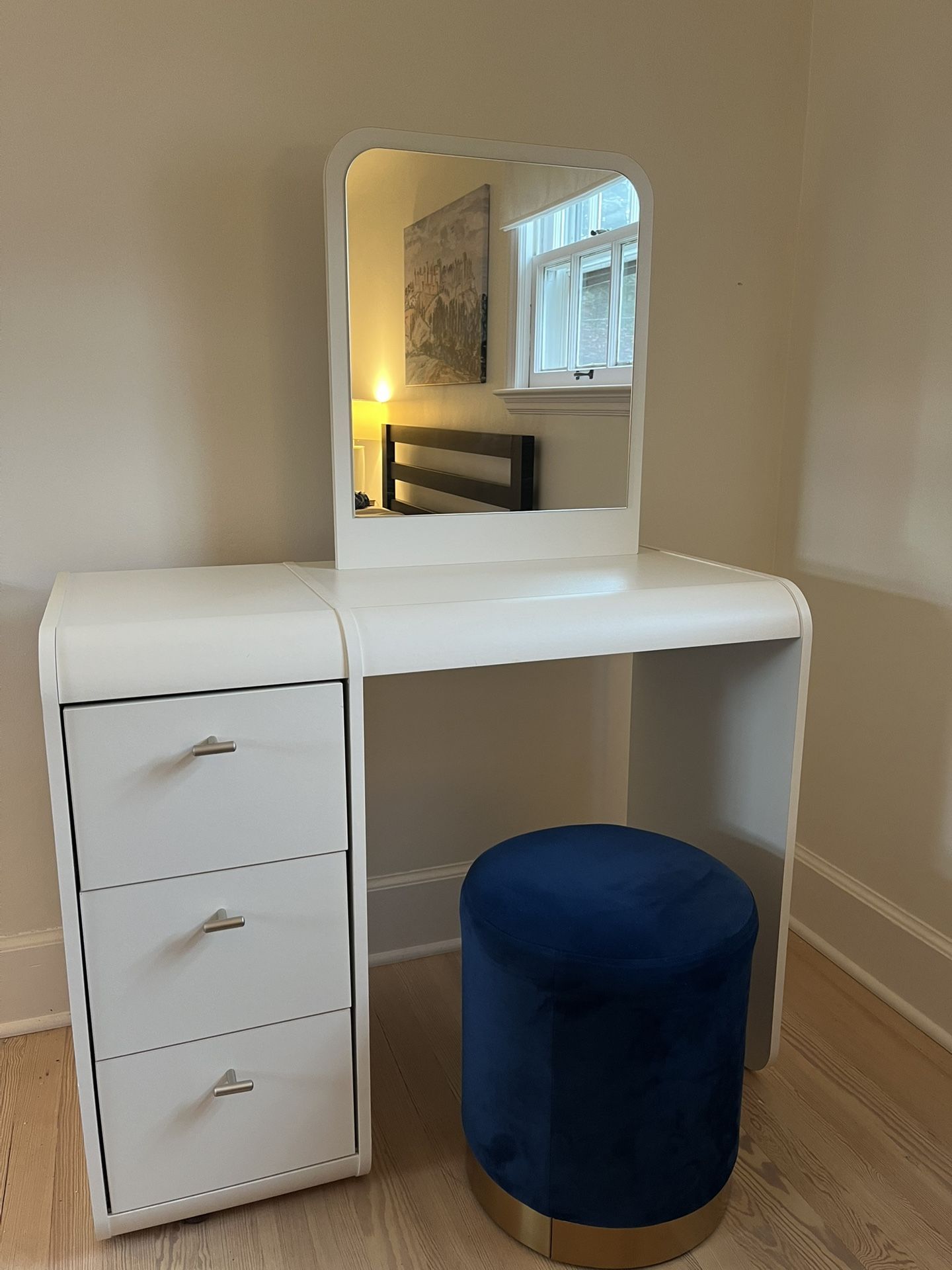 White 3 Drawer Vanity With Mirror And Blue Velvet Stool