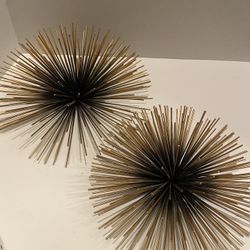 MCM metal sea urchin starburst wall art set of 2 black and gold sculptures. Vintage/ retro/ modern.