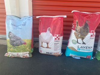 Chicken food, dog food, bedding