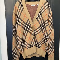 Burberry Plaid Beige V-Neck Cardigan With Orange Accents