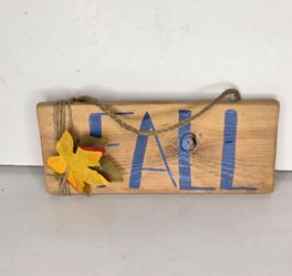 Rustic Wood Fall Sign Blue Lettering Autumn Maple Leaf Wall Decor Twine Hanger