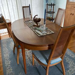 Mid Century Walnut Inlaid Dining Room Table + 6 Cane Chairs