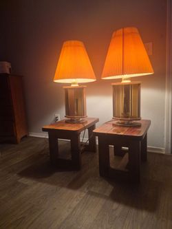 Vintage  Brass & Smoked Glass Hexagon Table Lamps