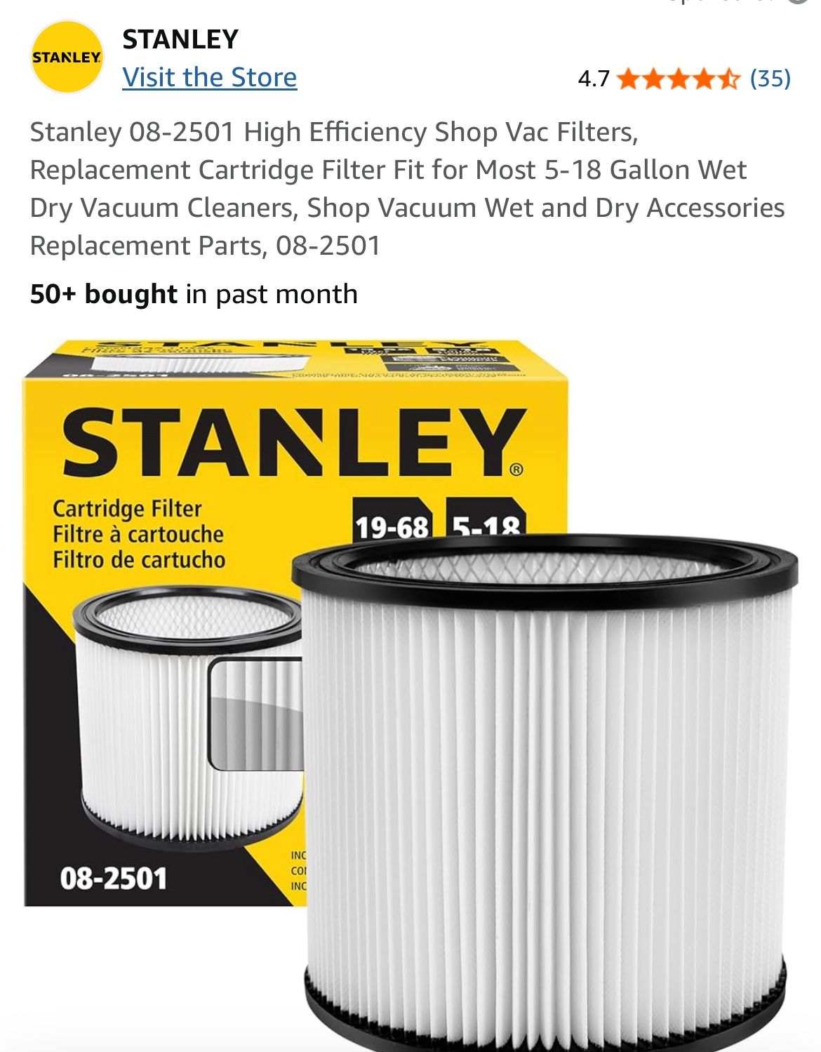 Stanley 08-2501 High Efficiency Shop Vacuum Cartridge Filter