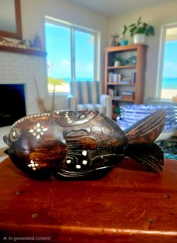 "Vintage Folk Art Carved Wooden Fish Trinket Box 10.5"×4.5"