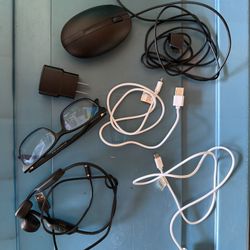 Random electronics, head piece, cords, blue light glasses, computer mouse - lot for sale! 
