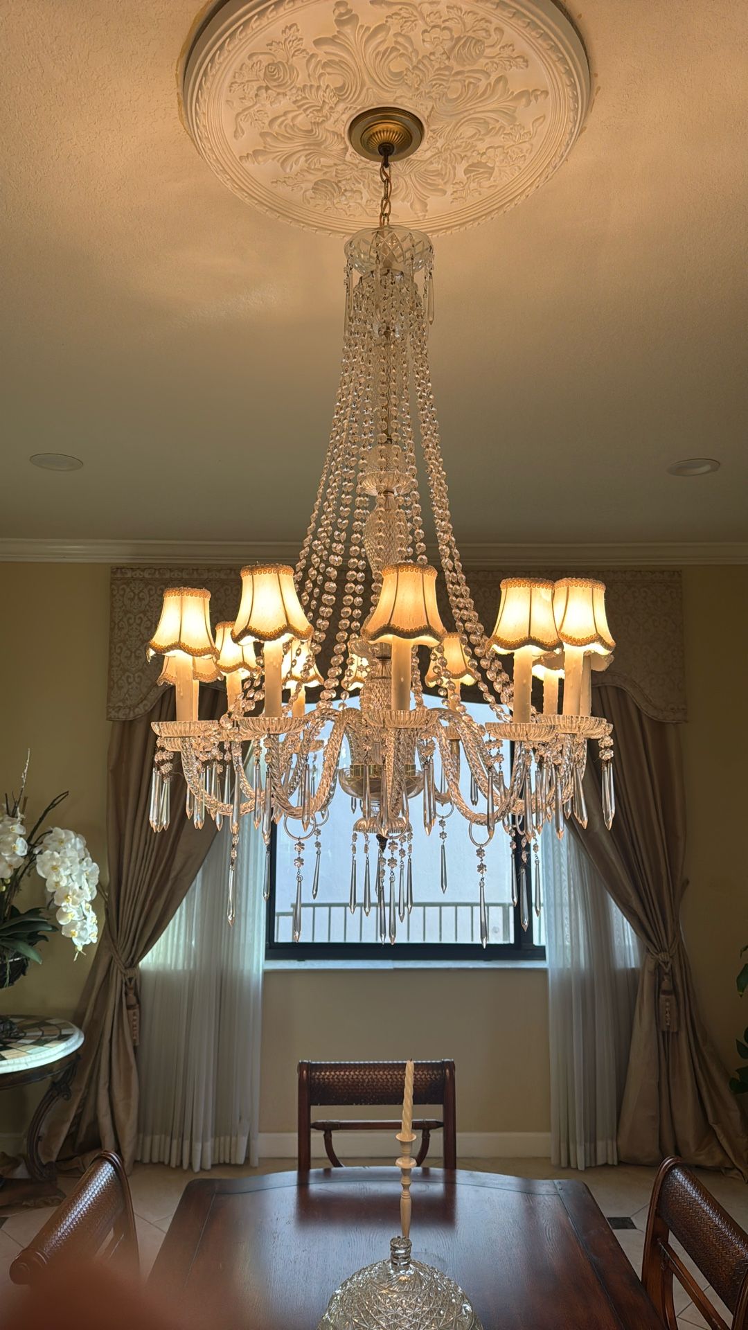 Crystal Chandelier - 12 lights with Silk Mini Shades