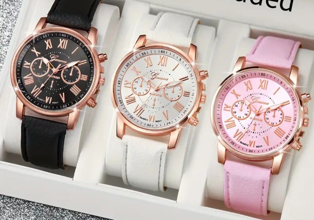 SET OF 3 LADIES ROMAN WATCHES NEW LEATHER STRAPS BLOWOUT DALE