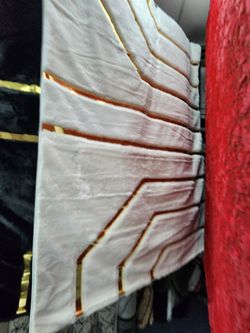 White Velvet Rug with Gold and Red Lines