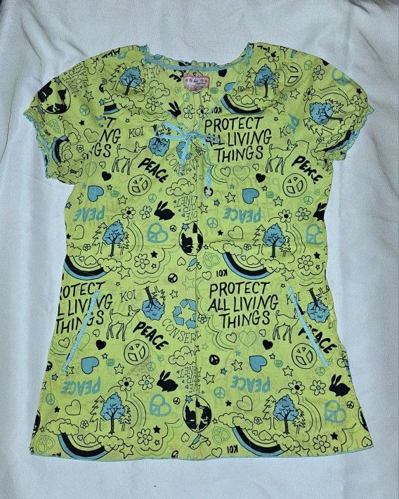 Koi Bridgette Scrub Top In Lime Green & Blue Peace Size Small