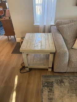 Shabby Chic Rustic Wood End Table W/Bottom Shelf with Built-In Outlets & USB Ports