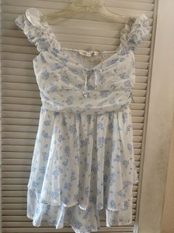 White Blue Floral Smocked Ruffle Mini Dress
